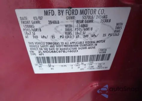 2007 Lincoln Mkx z USA, uszkodzony, nr VIN 2LMDU68C97BJ16023